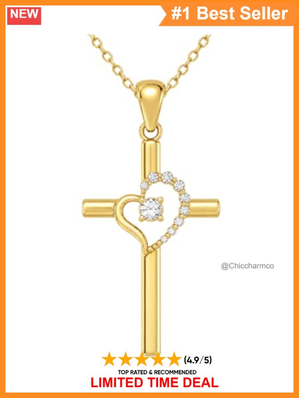 14K Gold Plated Heart Cross Pendant Necklace Cubic Zirconia